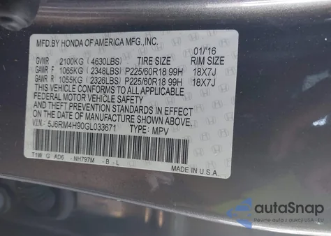 2016 Honda Cr-V Touring from USA, damaged, VIN 5J6RM4H90GL033671